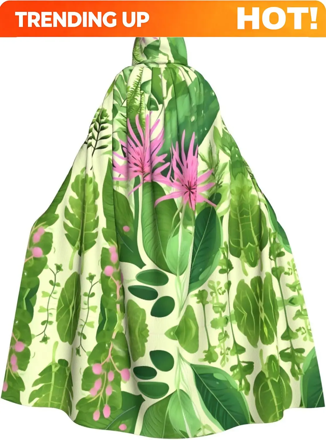 Customization Adult Halloween Costume Hooded Cloak 73in Long Cape With Bold All Over Flowers And Plants Print For Cosplay Party