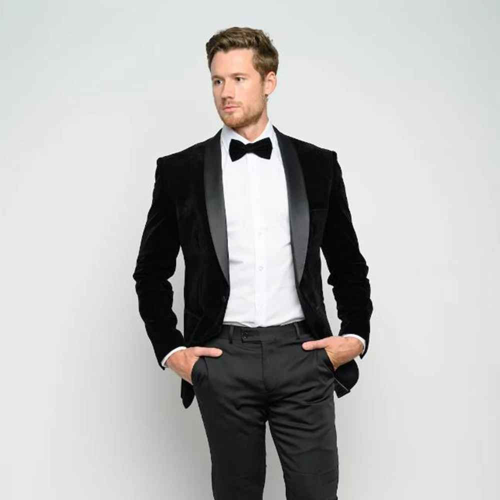 

Men's Black Slim Fit Velvet Shawl Lapel Tuxedo Jacket Fashionable and Comfortable Commuting Business Work Wear 2023 New Style