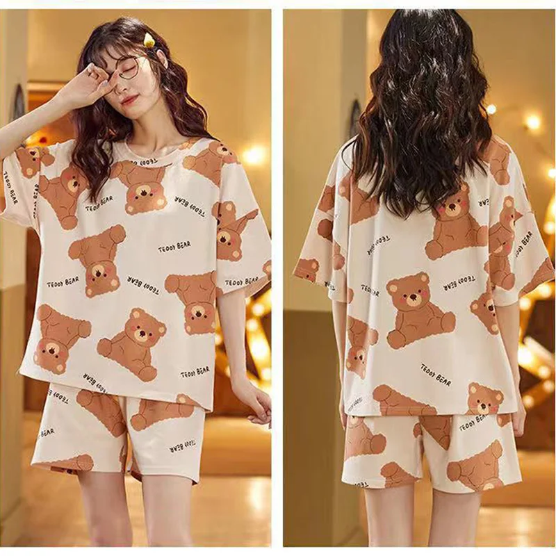 Two Sets Of Pajamas Women\'s Summer Short-Sleeved Shorts Large Size Thin Section Cute Comfortable Loose  Worn Outside Homewear