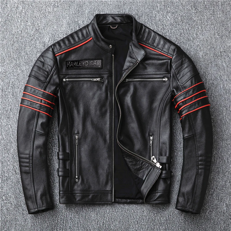 

Motorcycle Embroidery Skull Layer Cowhide Leather Jacket men's Short Leather Jacket Motorcycle Jacket