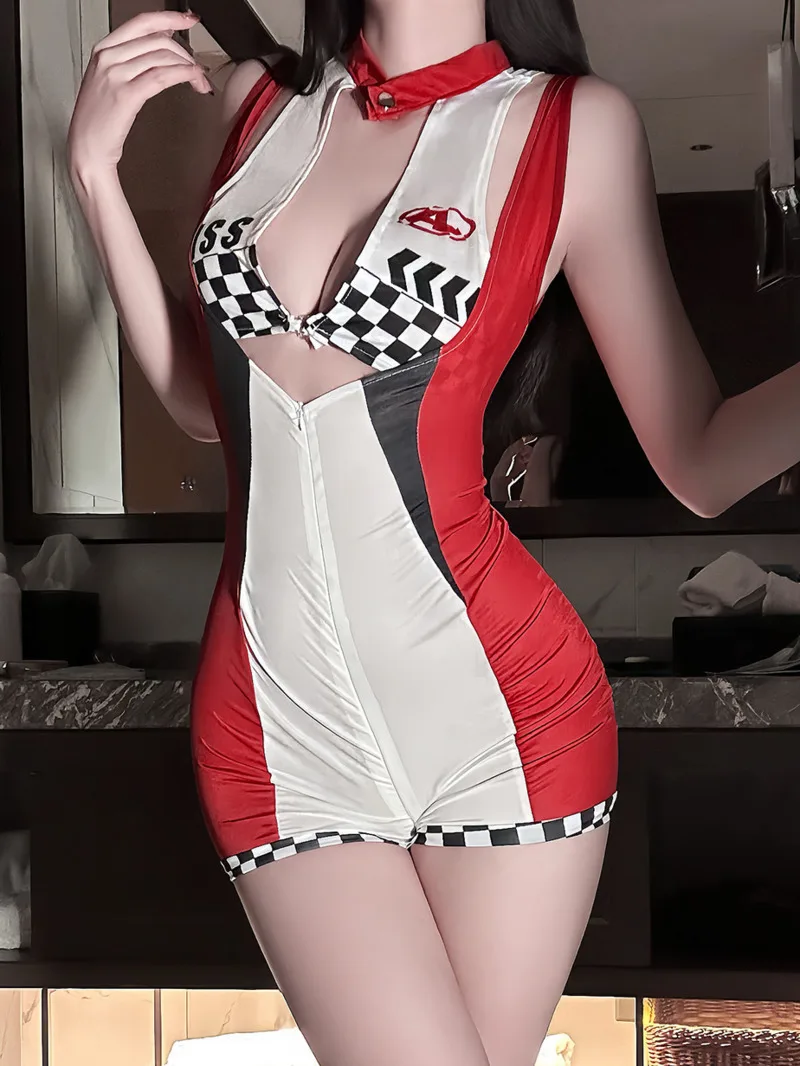 

Women's Jumpsuit Shorts Sexy Passion Racing Girl Uniform Patchwork Stage Nightclub Deep V Women's Jumpsuit Shorts Charming RWDS