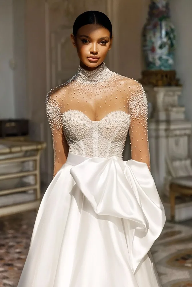 

FW Classic High Neck Sweep Train Wedding dress CustomizedEvening DressPearls Beading Satin Princess Prom Dress Vestidos de novia