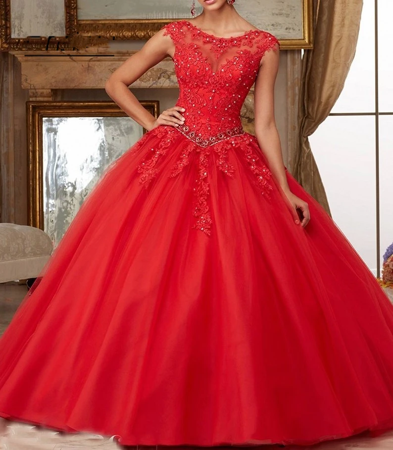 Fanshao-Para Quinceañera Vestido de Princesa con Apliques, Traje de Gala con Cuentas Brillantes y Escote Redondo, Bonito para 15 y 16 Años