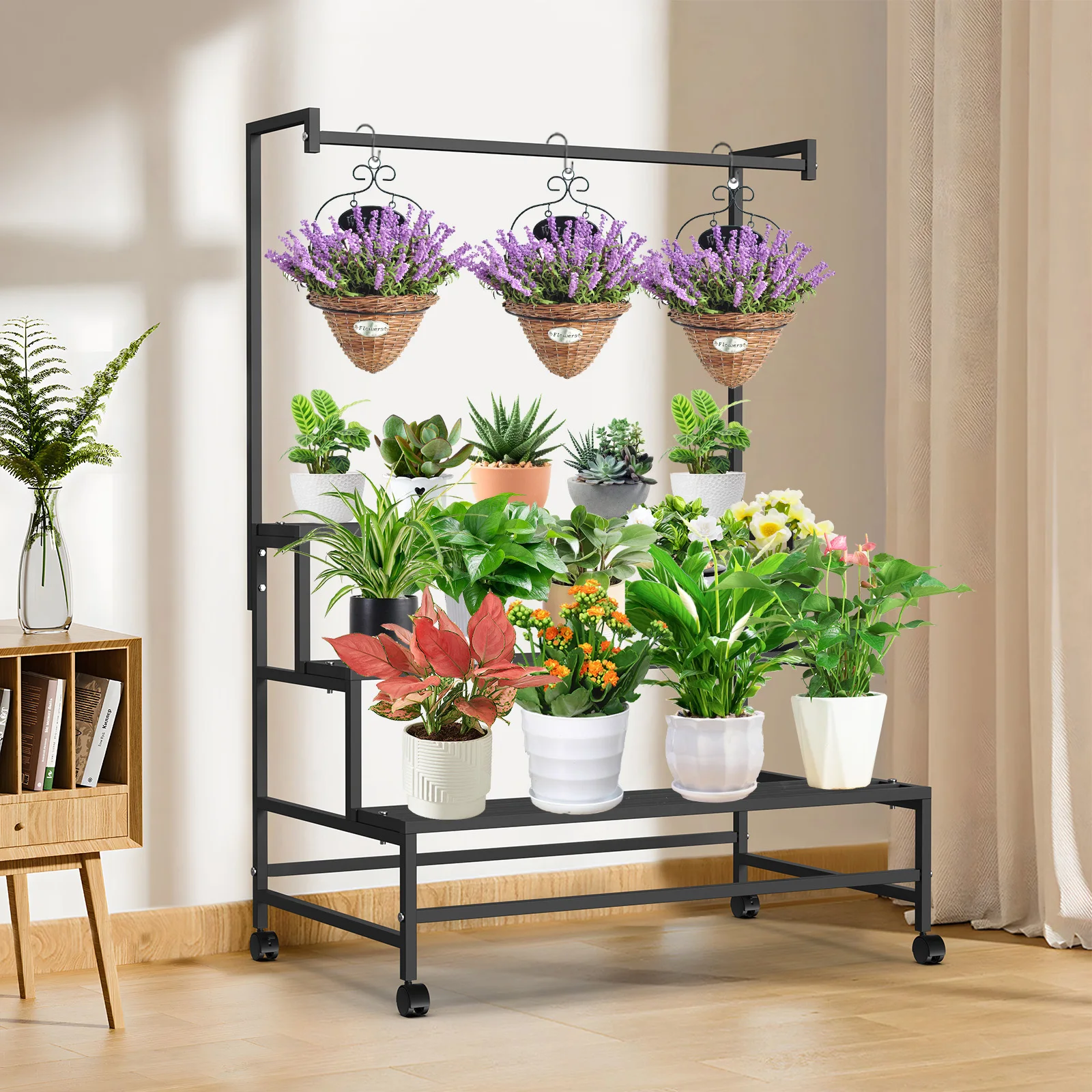 Plant Stand with Wheels Heavy Duty Metal 3-tier Ladder Hanging Shelf Holder Storage Pot Rack Plant Organizer Living Room Garden