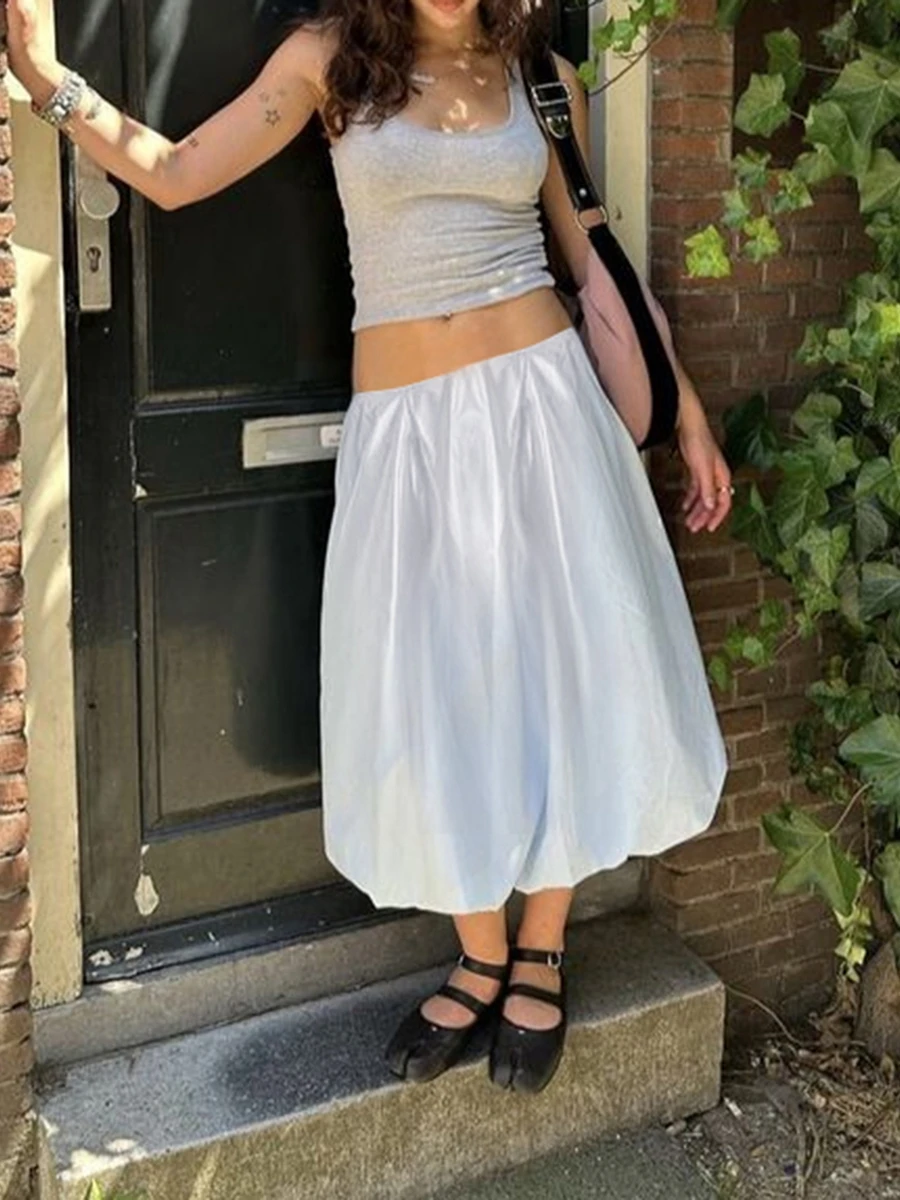 Women Bubble Maxi Skirt Y2k Elastic Waist Pleated Midi Skirts Summer A Line Puffy Balloon Long Skirt