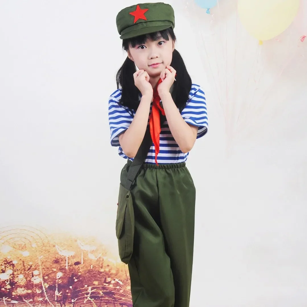 Military Uniform Chinese Red Army Costume for Children Scouting Uniforms Stage Performance (Top + Pants +red Scarf + Hat + Bag)