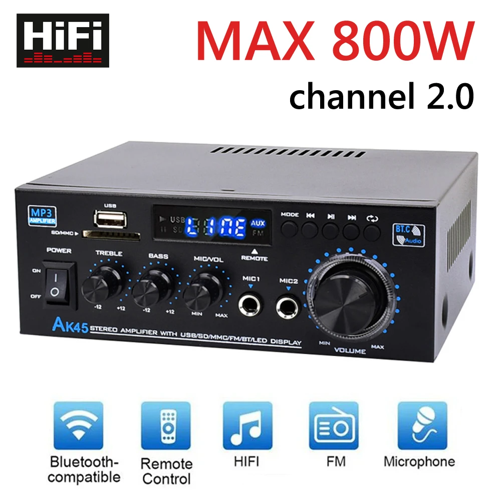 AK45 Amplificador Audio Max 800W HIFI AMP Stereo Surround Sound Digital Amplifier Channel 2.0FM USB Remote for Home Car Karaoke