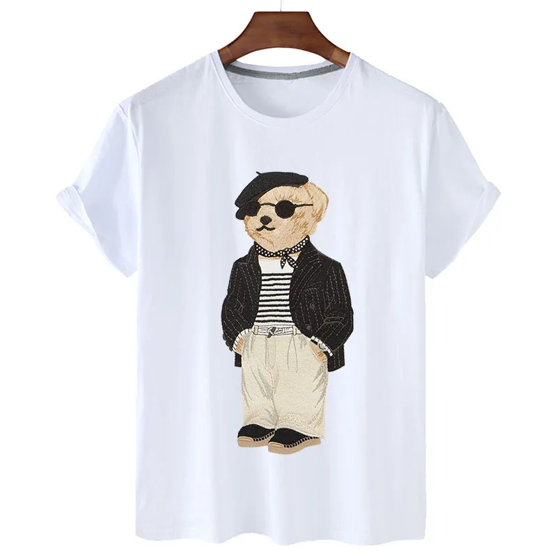 100% Cotton Gentleman Bear Print T-shirts Summer T-shirts Women's Short Sleeve O-neck T-shirts Unisex Plus Size Women's T-shirts