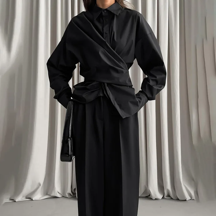 

French Style Waist-Cinching Black For Women 2026 New Turn-Down Collar Long Sleeve Single-Breasted Lace-Up Cardigan Shirt