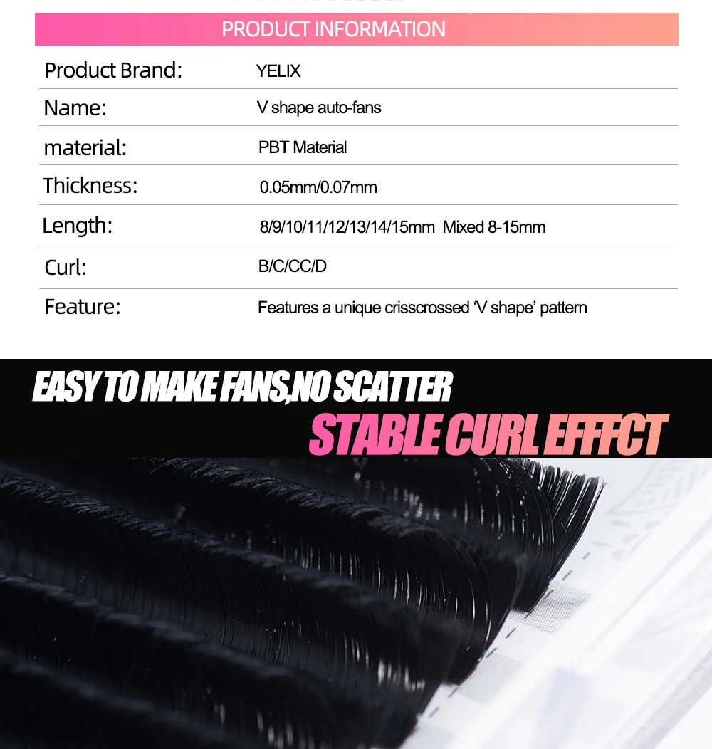 Yelix V-Form Auto Fan Vorgefertigte Wimpernverlängerungen Tray Cross Root Design Flauschiges Volumen Großhandel Salonbedarf Großhändler – Detail 2