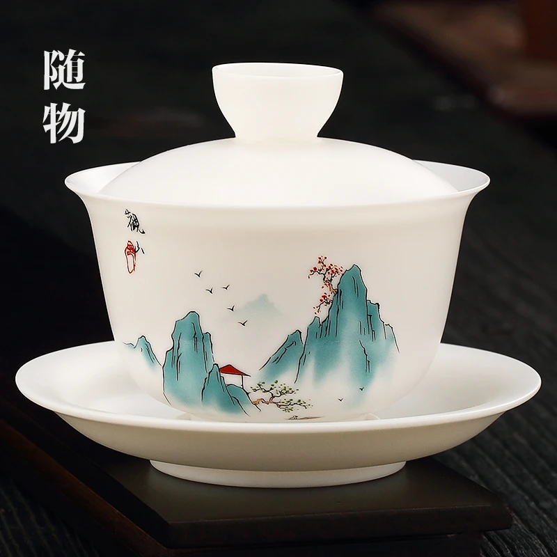 Pure Handmade Vegetarian Roasted Sheep Fat Jade Covered Cup, Single NoN Hot, Large Three TalenT Tea Making Bowl, Kung