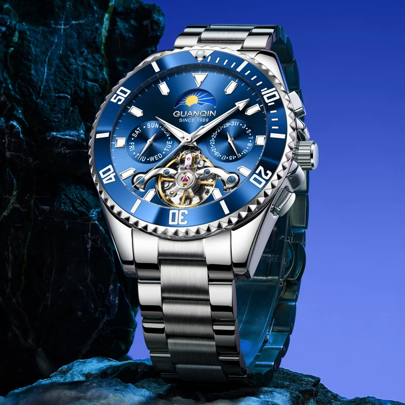 GUANQIN Luxury Man Mechanical Watches Self-Winding Stainless Steel Material Multi-Function Dial Leisure Wristwatch Gifts for Men