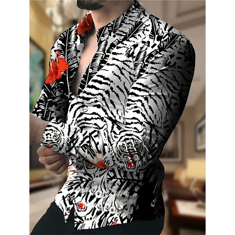 Camisa de manga comprida de padrão zebra versátil masculina, lapela de peito único, moda de rua casual