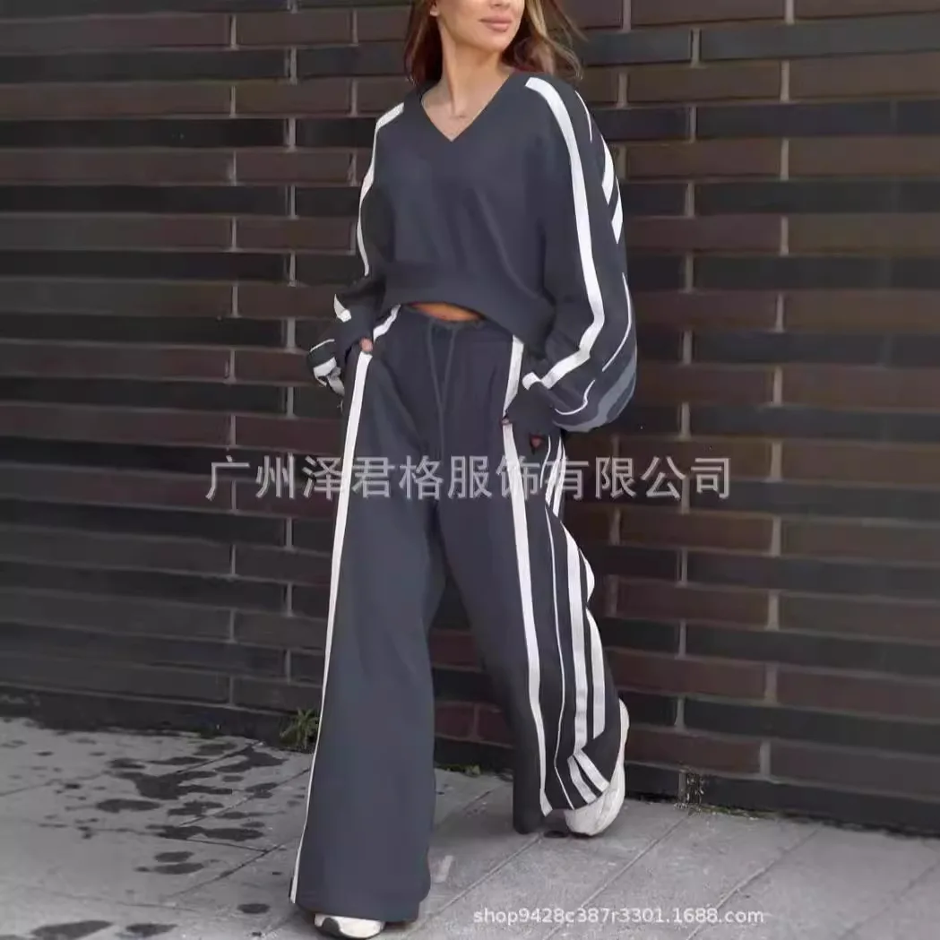 Casual Contrasting Color Suit Fashion V-neck Long Sleeved Short Style Pullover Top Elastic Waist Wide Leg Pants 2 Piece Set