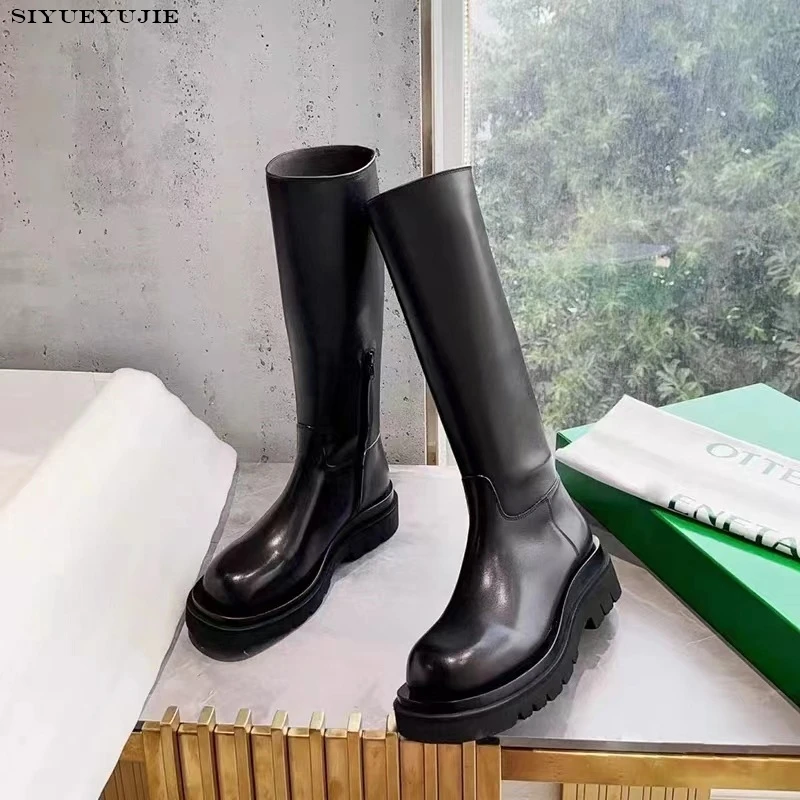 2024 Ins Women platform Knee High Boots Med Heel Genuine Leather Winter Motorcycle Boots Platforms Party Shoes Woman Size 35-40