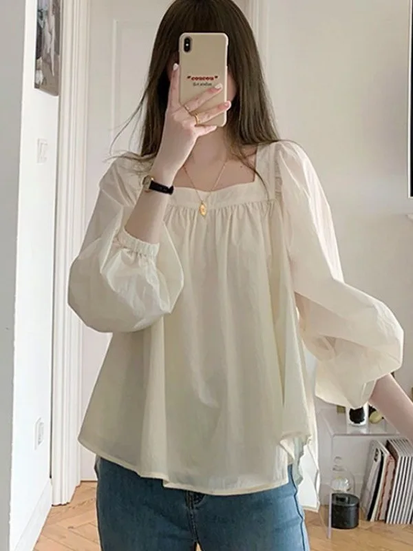 Small stature design with square neck shirt for women's spring and summer Korean version loose and fashionable short top FTMI