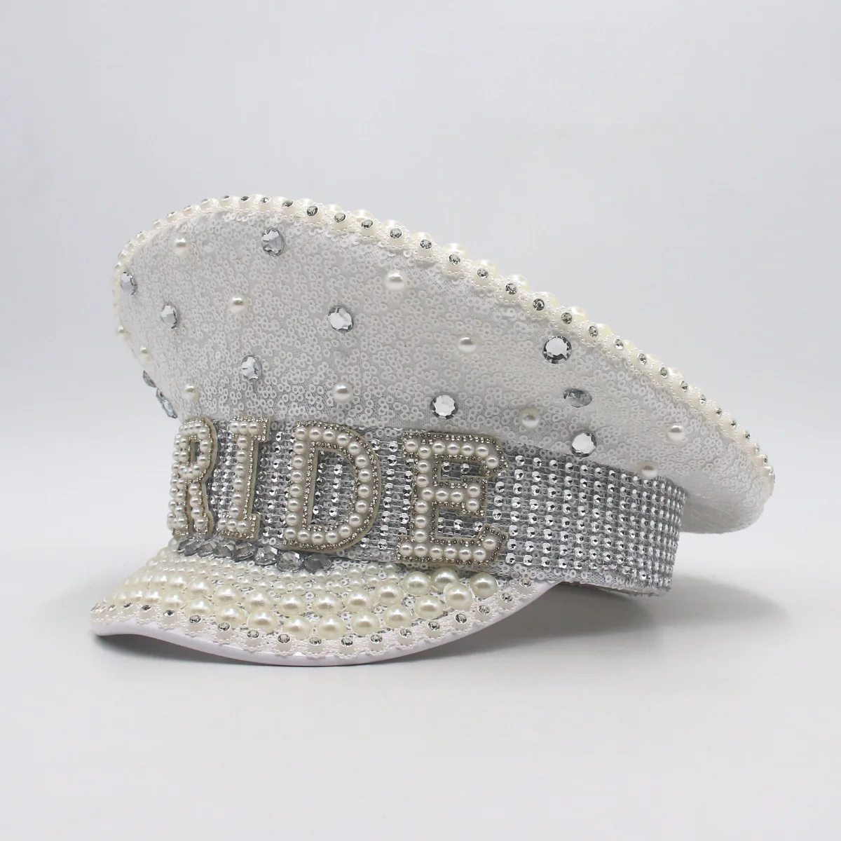 

Luxury Rhinestone Bride Military Cap Party Pearl Women Hen Do Hat Elegant Stage Performance Sequin Burning Sergeant Hats White