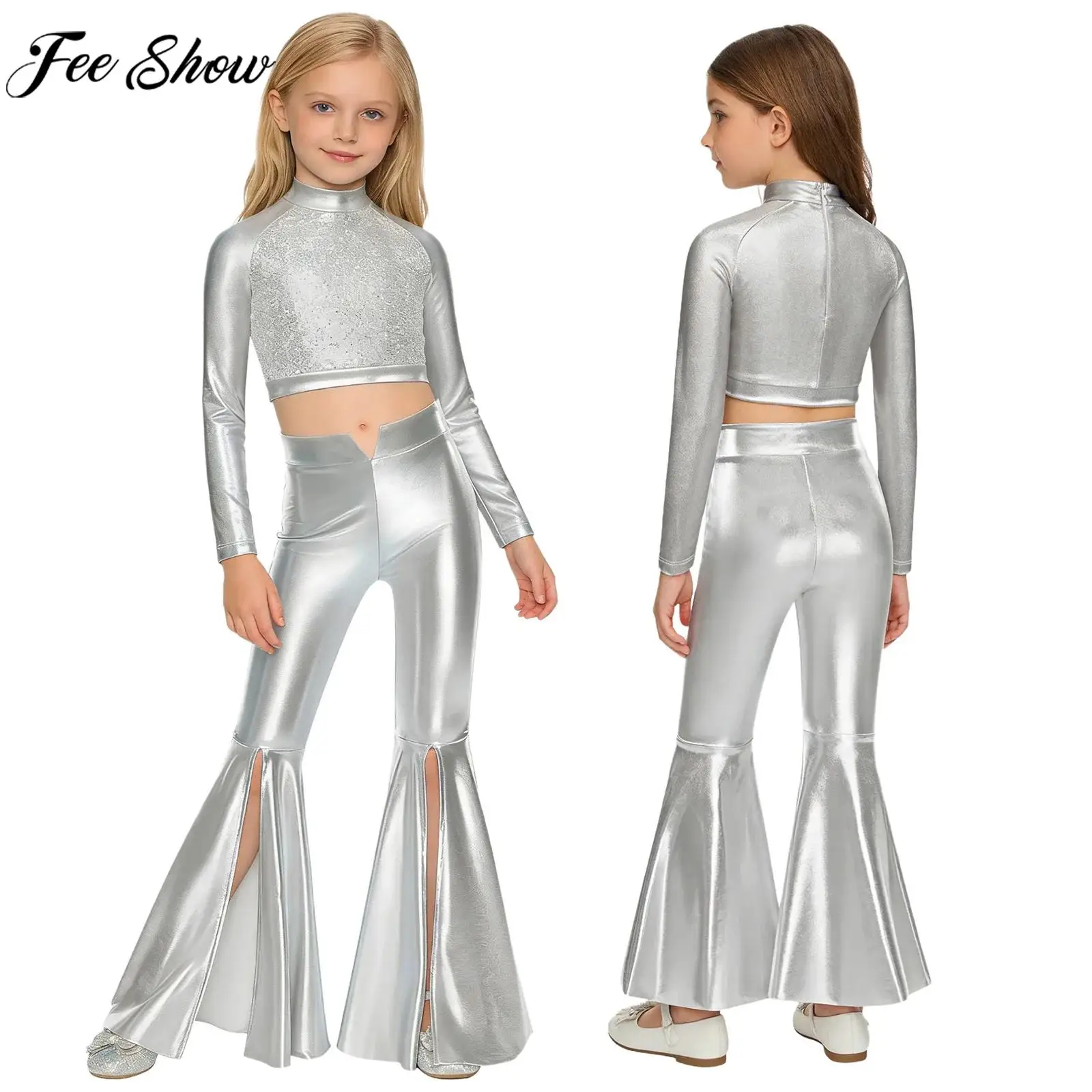 

Детский танцевальный костюм для девочек в стиле диско-джаз: укороченный топ с длинными рукавами и пайетками, блестящие брюки-клеш с металлическим эффектом для карнавала и школьных вечеринок