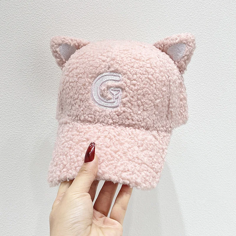 Baseball Cap Woman Winter Warm Lamb wool Cartoon Ear Letter Embroidery Hats For Woman Snapback Outdoor Sport Caps Sun Hats Unsex