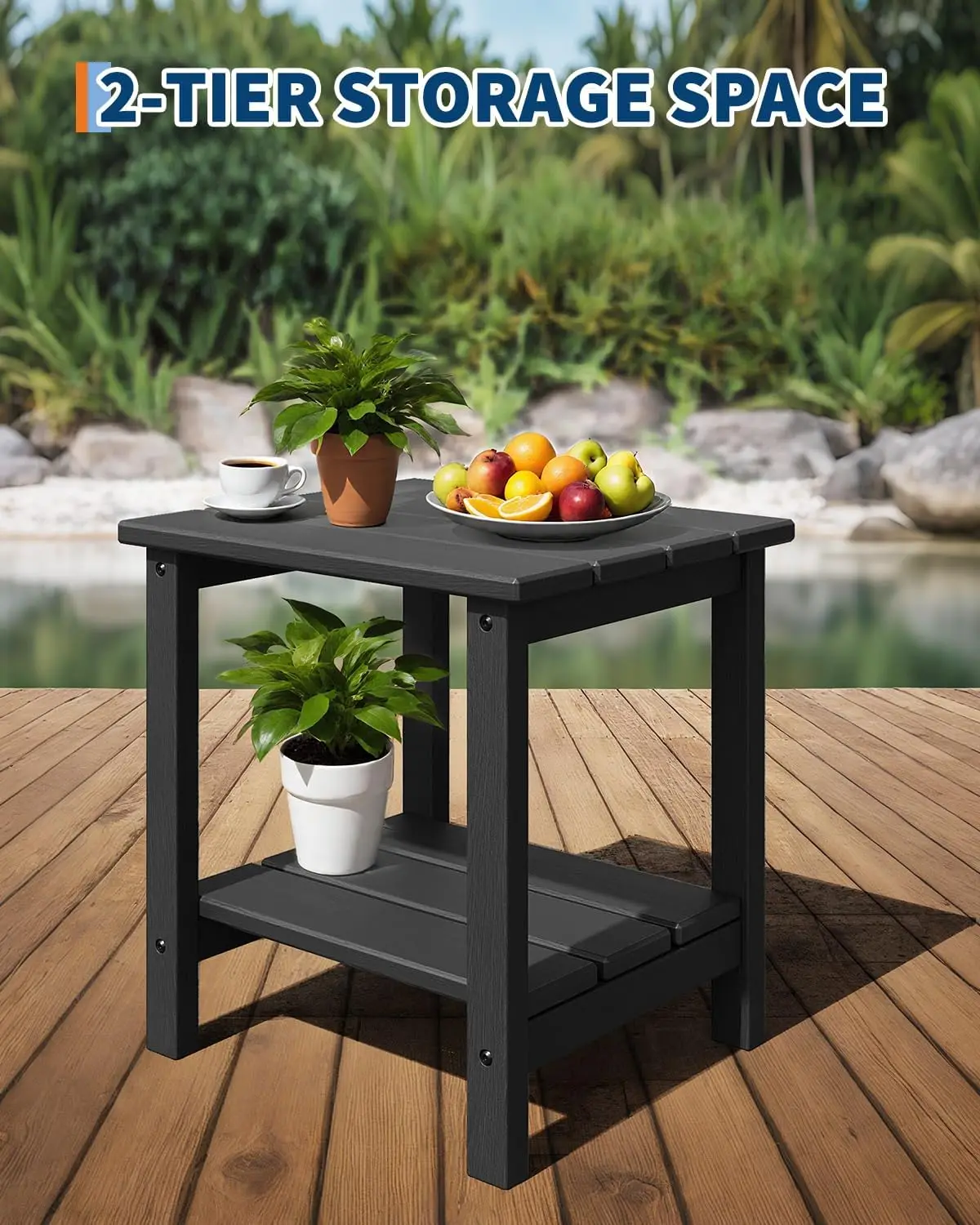 Garvee Outdoor Side Table 18 x 15inch Weather Resistant Lightweight for Camping Patio d 2 Tier Patio Side Table End Table for Patio, Pool Deck, Indoor & Backyard