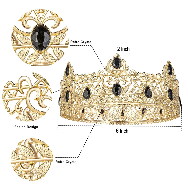 King Crown For Men, Birthday Crowns For Men Boys Vintage Royal Crown With Black Rhinestone,