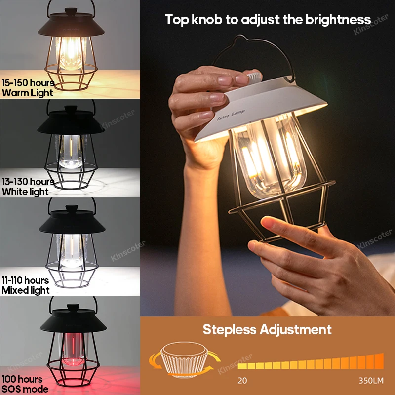 New Retro Portable Camping Lantern 5000mAh 3 Color Dimmable Waterproof LED Decorative Hanging Lights for Outdoor Camping Hiking