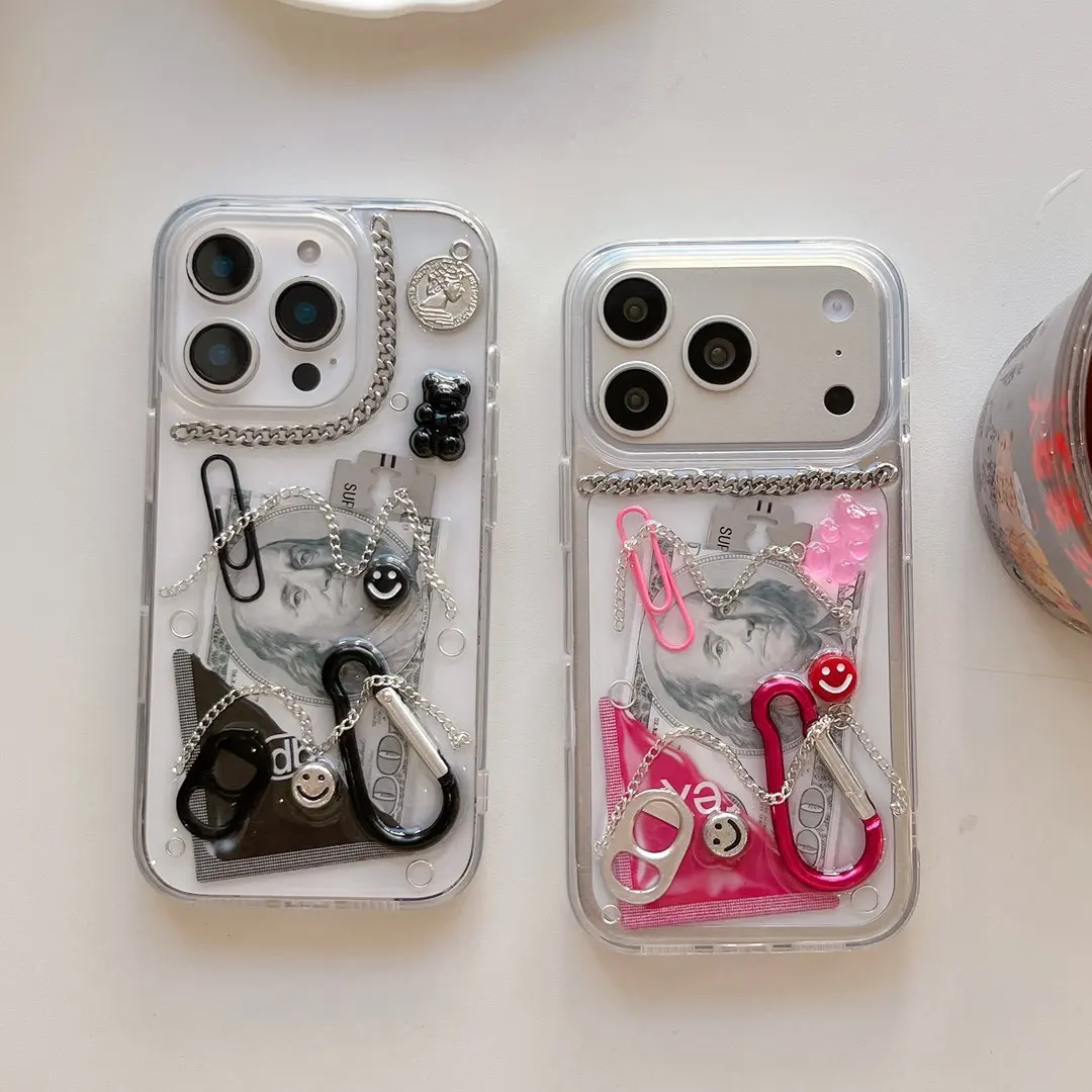 Kreative 3D-Kette, Dollar-Ring-Haken, Büroklammern, Handyhülle für iPhone 17, 16, 15, 14, 13, 12, 11, Pro Max, stoßfeste Abdeckung, Geschenke – Detail 1