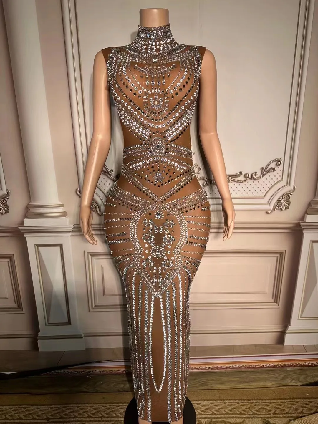 

Sexy Stage Silver Luxurious Rhinestones Brown Mesh Stretchy Dress Costume Performance Club Wedding Outfit Pattern Birthday Dress