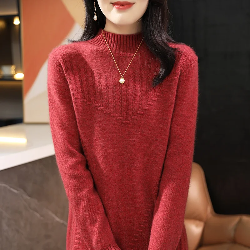 Autumn Winter New Cashmere Dress 100% Wool Knitted Pullover Women\'s Clothing Half High Neck Tops Solid Color Long Sweater