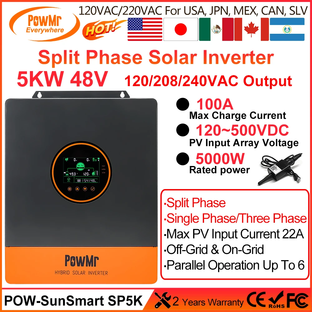 PowMr Split Phase 5000W 48V Hybrid Solar Inverter 120/208/240V AC Output With MPPT 100A Controller Support Parallel and On-grid