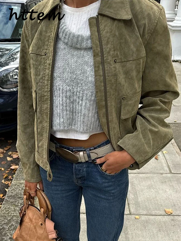 

Casual Women's Green Suede Jacket Loose Lapel Zipper Full Sleeve Pockets Female Coat 2025 Spring Lady Vintage Commute Outwear