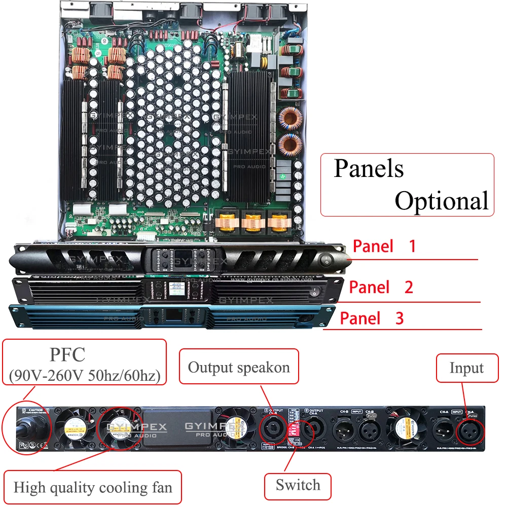 Amplificador de potência com Subwoofer Áudio, PFC228, 2 Canais, 9800 Watts, Classe D, 1U