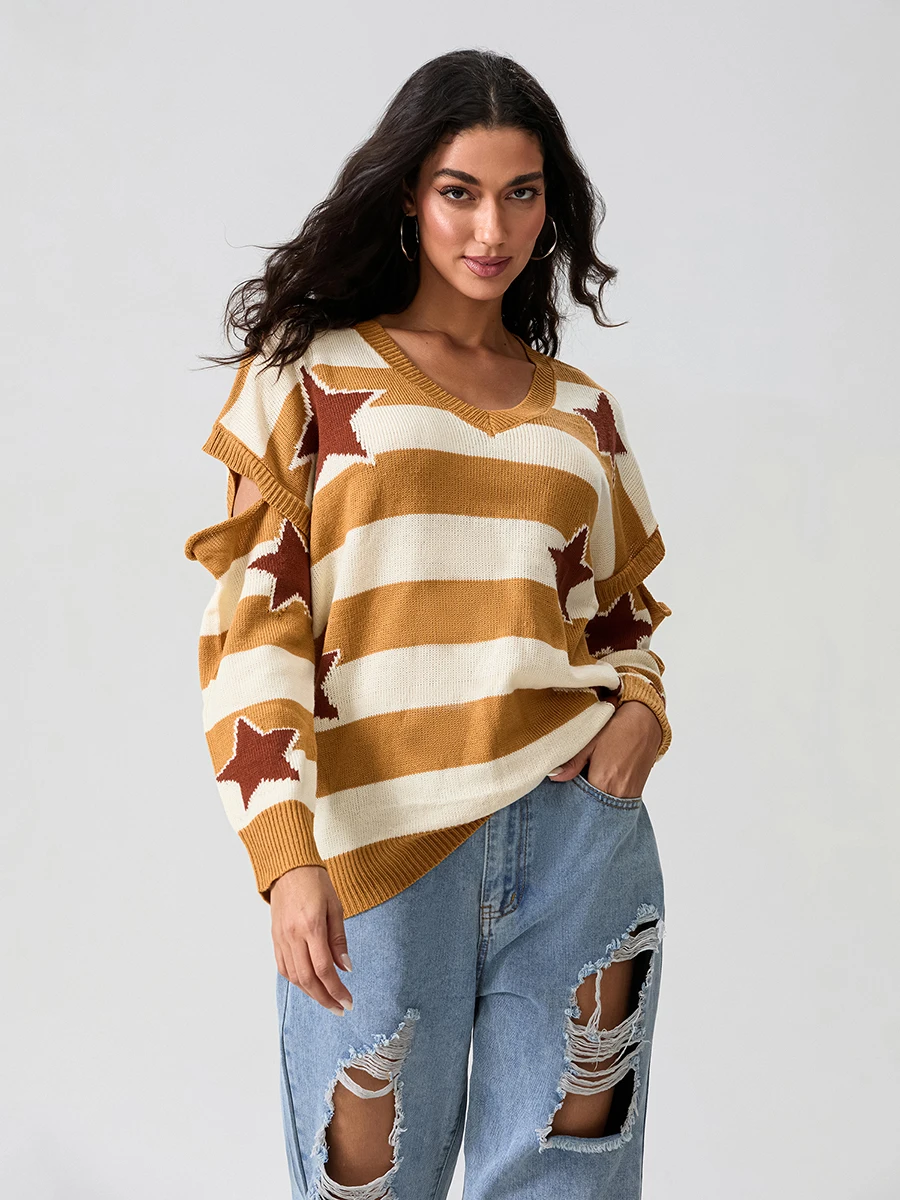 wsevypo Autumn Star Print Loose Knit Sweaters Women's Long Sleeve V Neck Striped Pullover Warm Tops  for Fall Winter Knitwears image 4