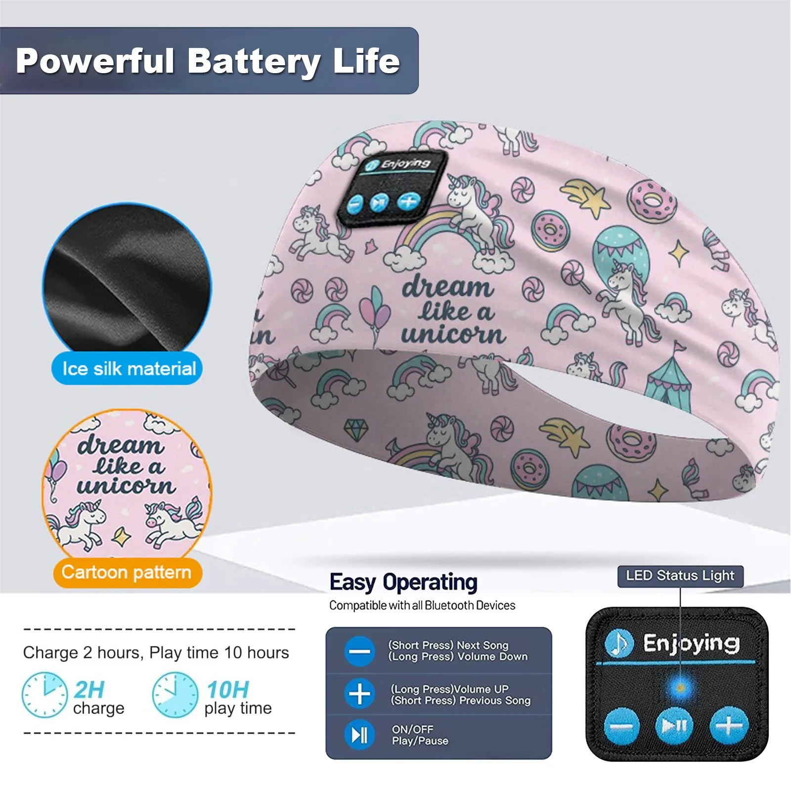 سماعات رأس بلوتوث كرتونية للأطفال، عصابة رأس لاسلكية للموسيقى الرياضية، عصابة رأس للنوم مع ميكروفون عالي الدقة للأولاد والبنات