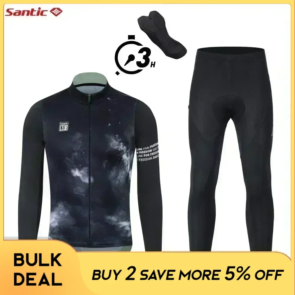 Santic Cycling Jersey Sets Autumn Winter Fleece Windproof Bicycle Clothing Men 4D Padded Pants MTB Bike Jersey Long Sleeve Suits