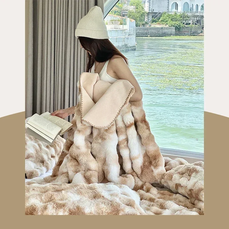 High-grade Faux Rabbit Fur Blanket Autumn Winter Soft Thick Warm Sofa Blanket Bedroom Bedding Nap Blanket Home Decor