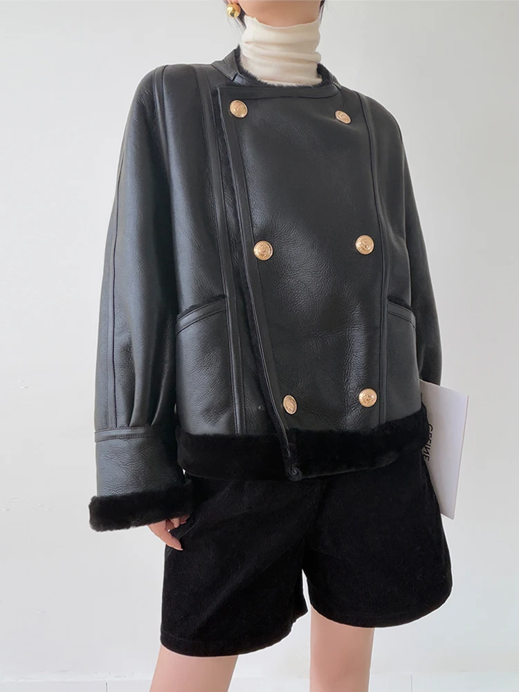

High-end Luxury Merino Sheep Fur Motorcycle Jacket for Women Simple Double-sided Wear Short Winter Genuine Leather Real Fur Coat