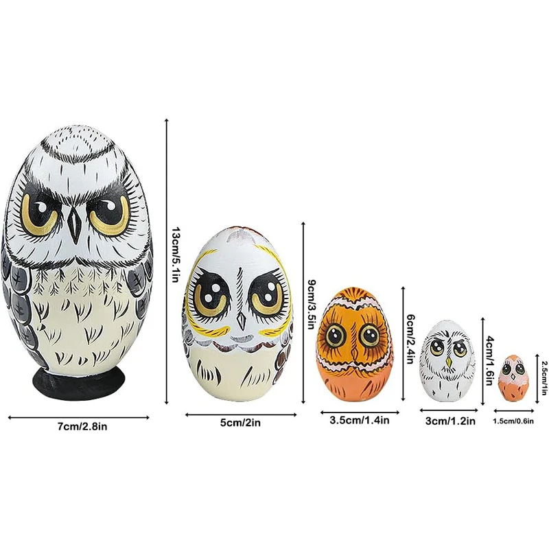 5 Pieces Wooden Owl Nesting Dolls Owl Russian Egg Ornament Rustic Design for Easter New Year Halloween