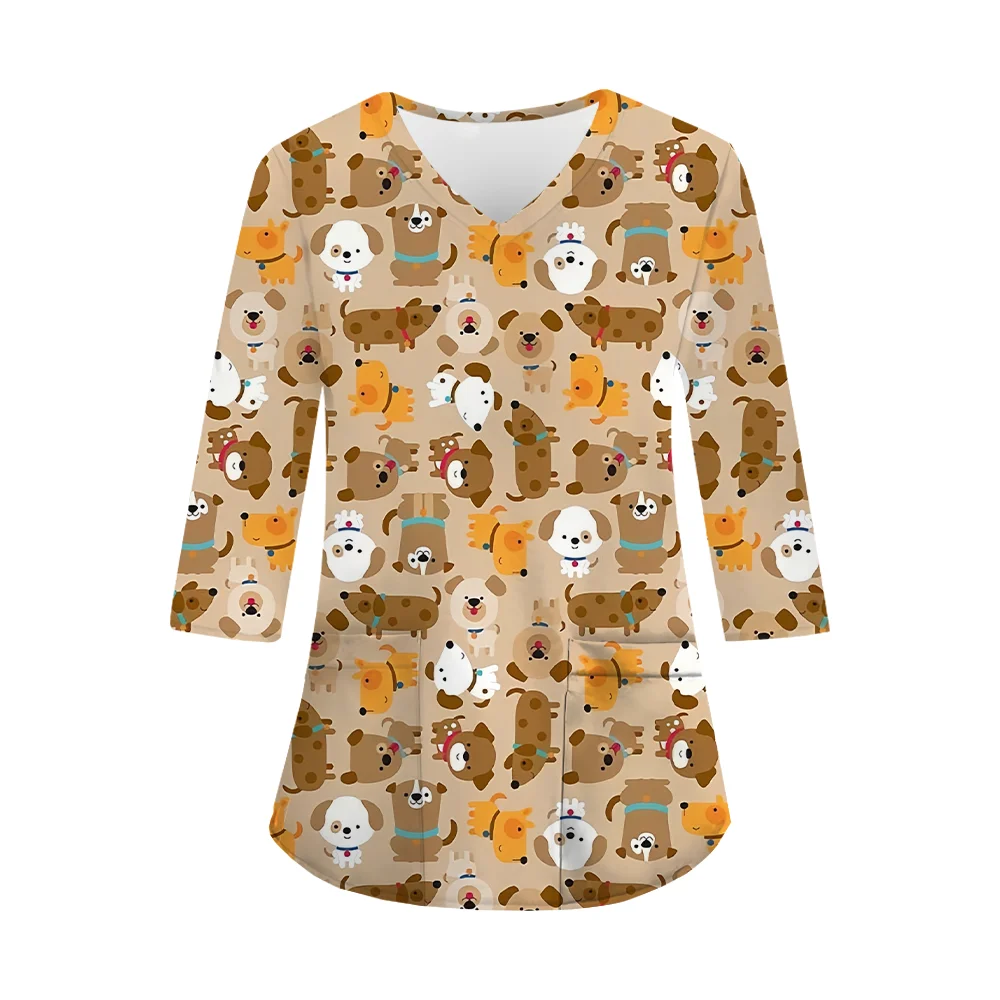 Scrub Medical Woman Cute Dog Cartoon Print Microelastic V-Neck Vet Clinical Uniform Fall Long Sleeve Dental Medical Scrubs Women