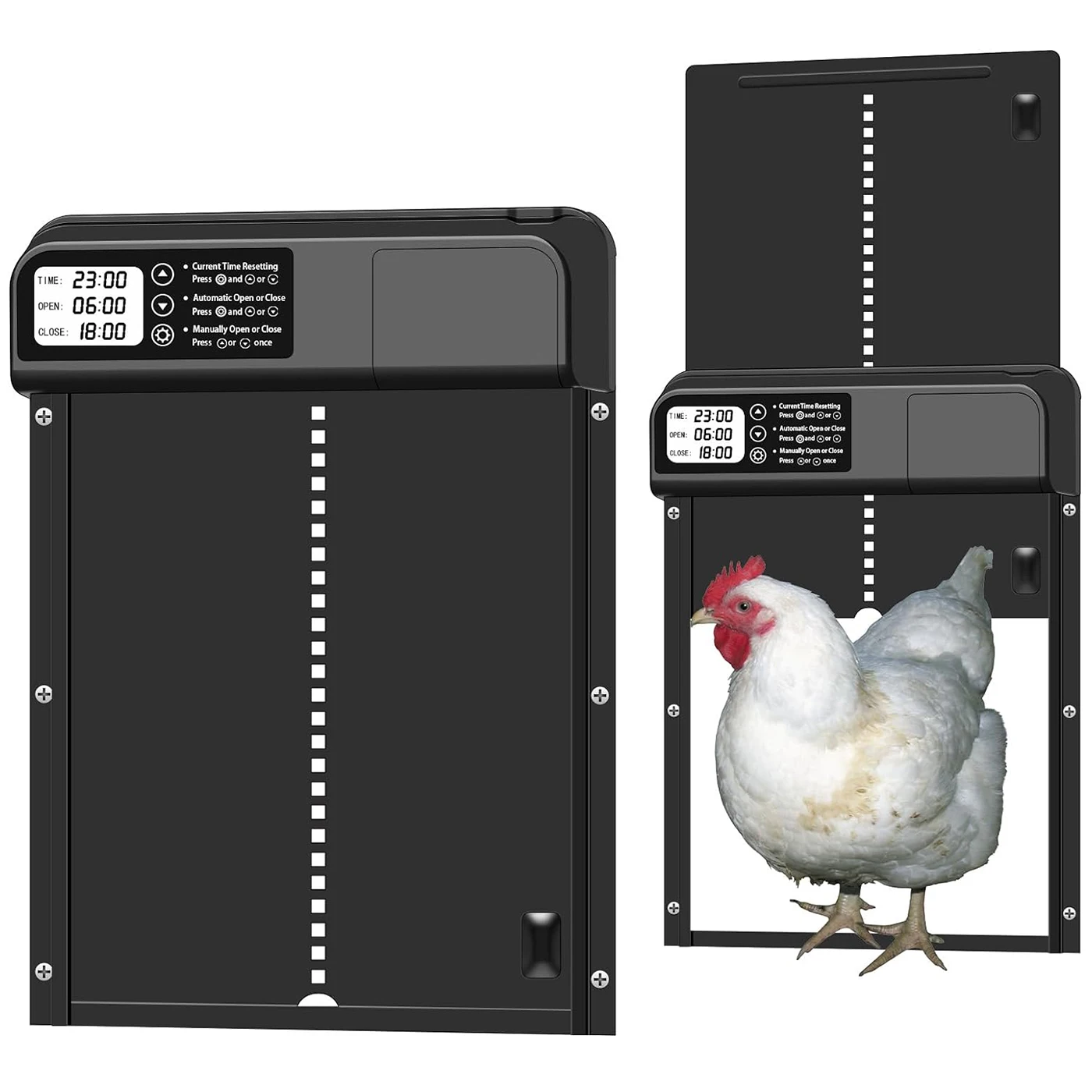 

Fully automatic chicken coop door, aluminum automatic chicken door, battery powered, LCD display timer, and anti pinch function
