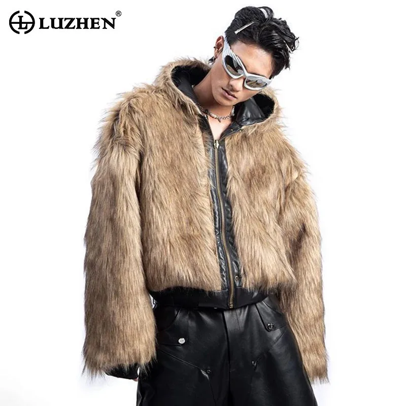 LUZHEN Short American Style Faux Fur Coat 2024 New Reversible Wear Hooded Warm Elegance Men Pu Leather Padded Jackets Winter