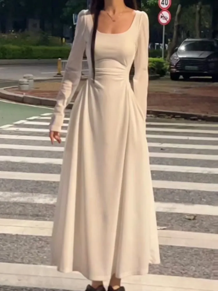 

Spring Elegant Long Dress For Woman White French Square-Collar Hollowed Out Slim A-Line Dress Prom Party Fashion New Vestidos