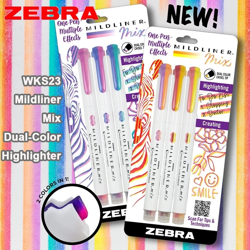 

New Zebra Mildliner Mix WKS23 Highlighter Pen 4mm Chisel Tip Soft Pastel 2-in-1 Dual Ink Colored Marker Limited Japan Stationery