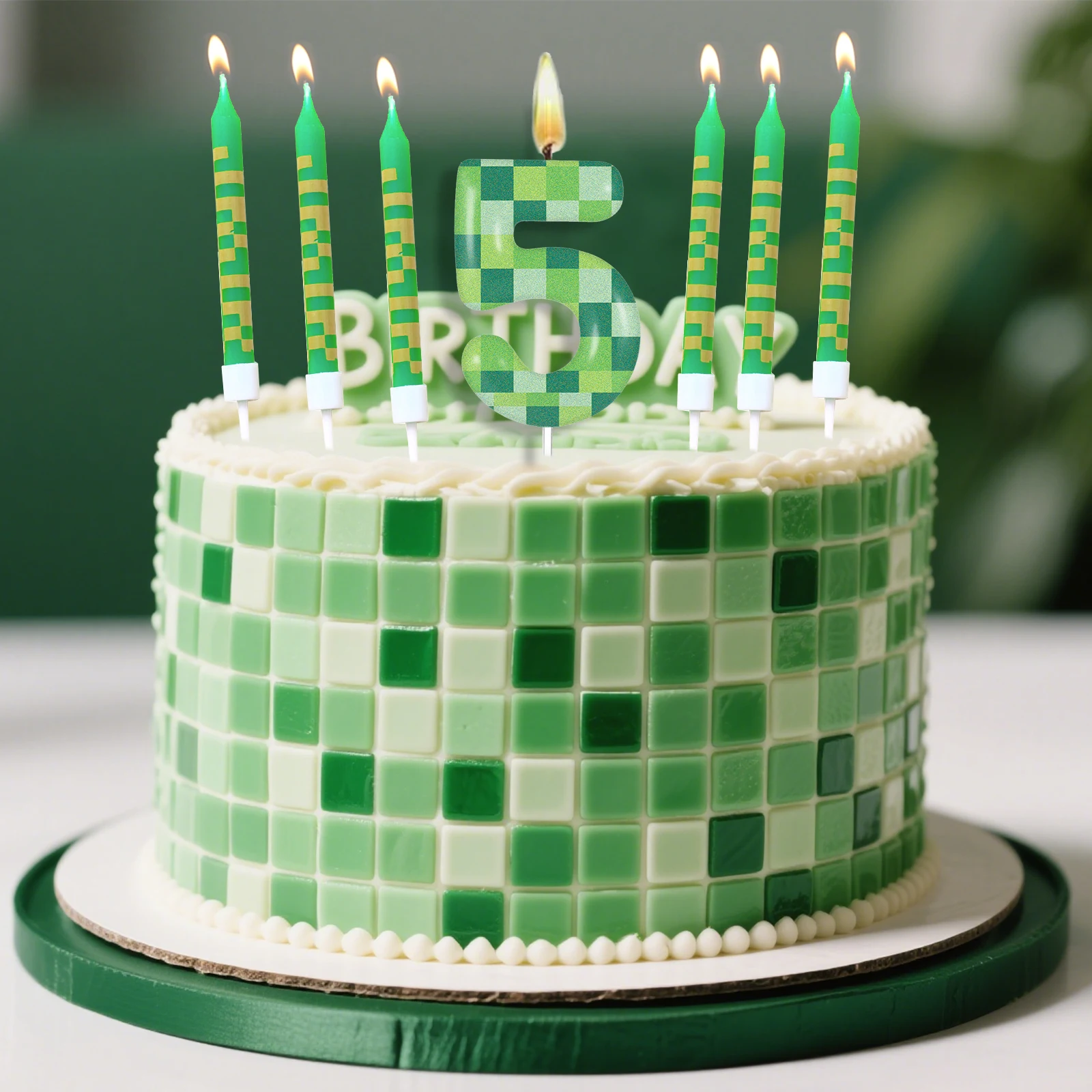 7pcs Green my world Candle Birthday Party Pixel Theme Birthday Party Video Game Party Decoration 0-9 Cake Top Digital Candles