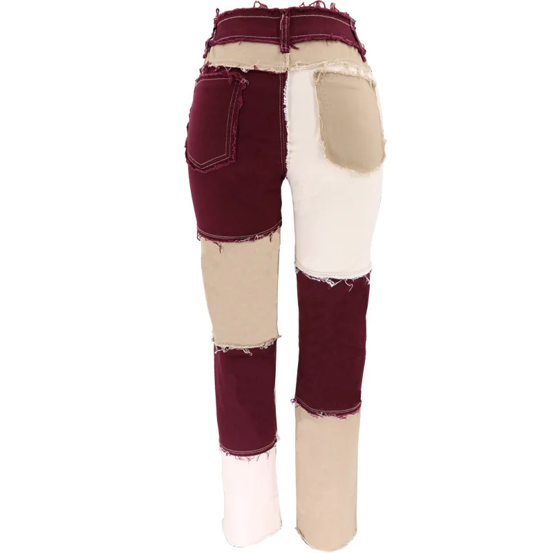 2025 Summer New European and American Trendy Mixed Color Splicing High Waist Tight Hip Women's Straight Cowboy Pants