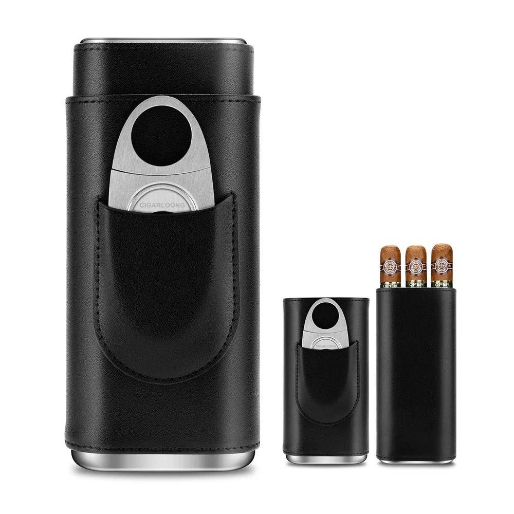 3-pack Cigar Case Portable Leather Holder Box Storage with Stainless Steel Sharp Cigar Cutter Luxury Smoking Accessories CH-24FA