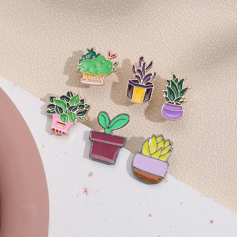 Plant cactus potted q succulent namel Cute Brooch Pin Metal Badge Clothing jewelry Accessories Wholesale For Women