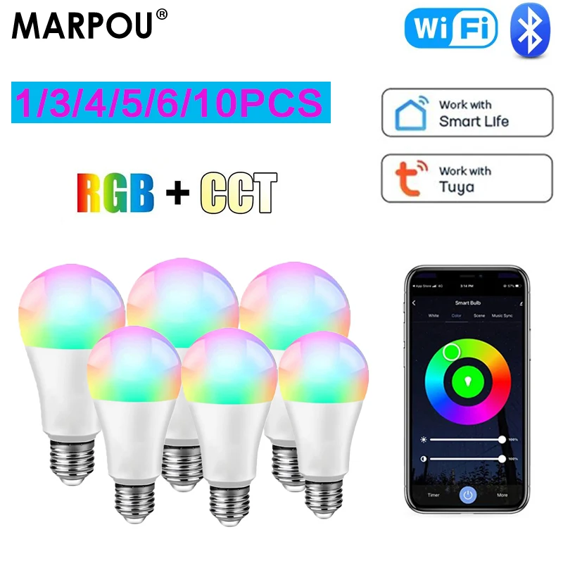 MARPOU Tuya Wifi E27 RGB Smart Bulb Alexa Led Lamp AC90-220V 1/3/4/5/6/10 PCS Smart Light Bulbs For Google Assisatnt Smart Life