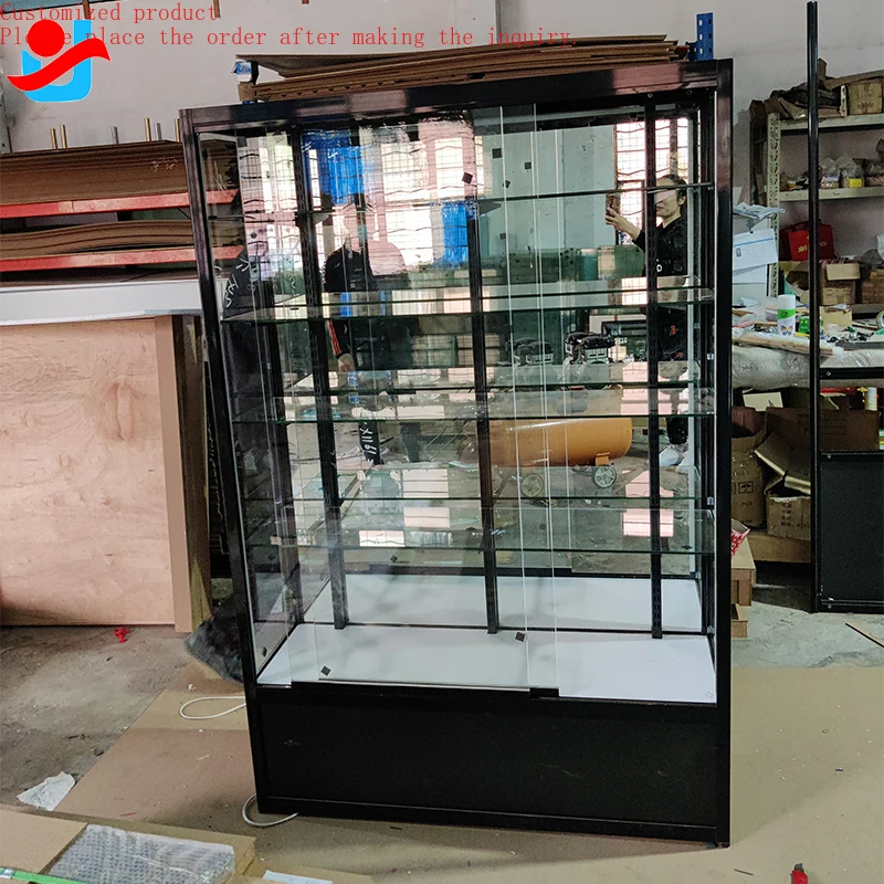 

Custom.Hot Sale Tall Glass Showcases Full Vision Store Display Glass Cabinet Smoke Shop Display with Base