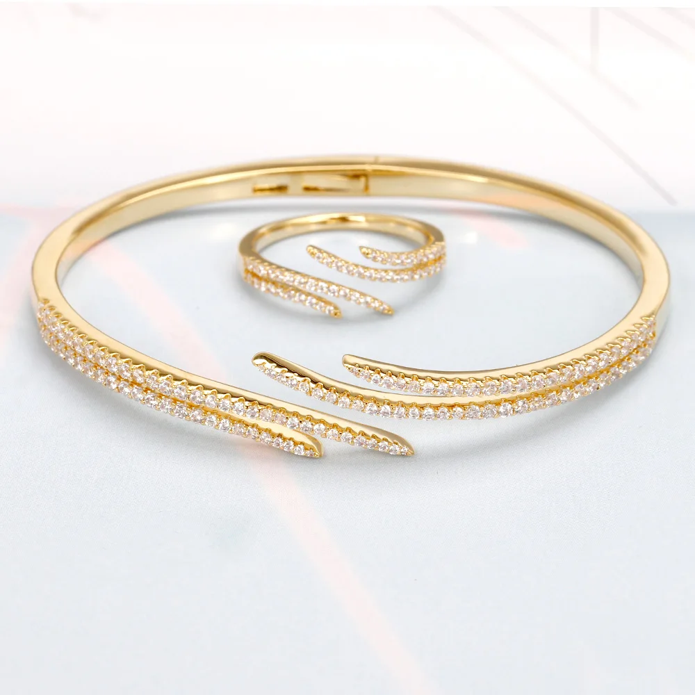 Luxury Trendy Saudi Arabia Bangle Ring  Jewelry Sets Zircon Bracelet For Women Wedding Engagement brincos para as mulheres